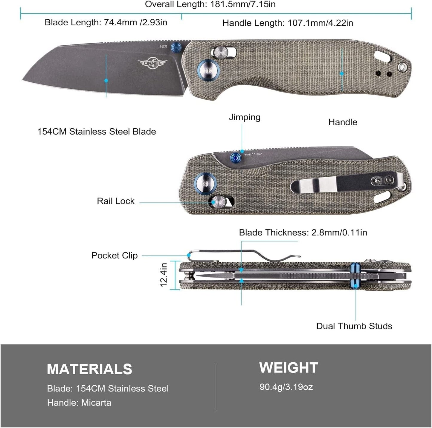 OKNIFE Rubato 2 EDC Knife, Rail Lock Knife 154CM Blade with Micarta Handle