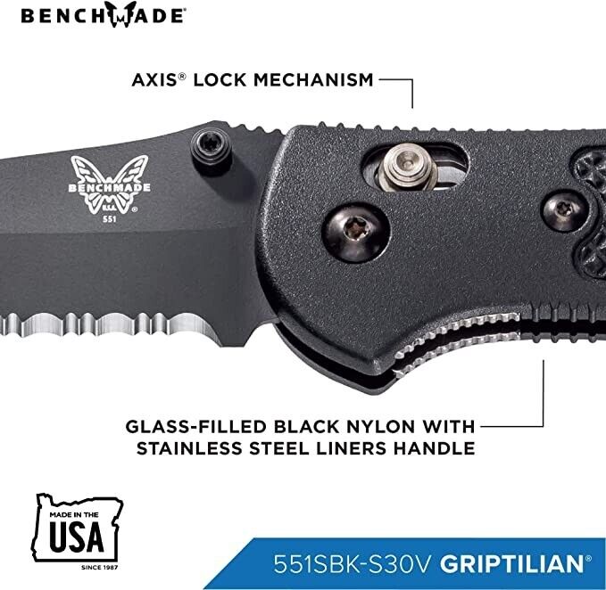 Benchmade - Griptilian 551 Knife with CPM-S30V Steel, Drop-Point Blade Serrated