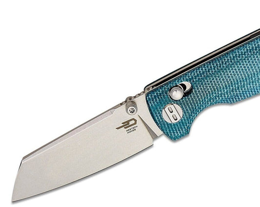 Bestech Knives Slasher Folding Knife 3.07" D2 Stonewashed Sheepsfoot Blade, Blue