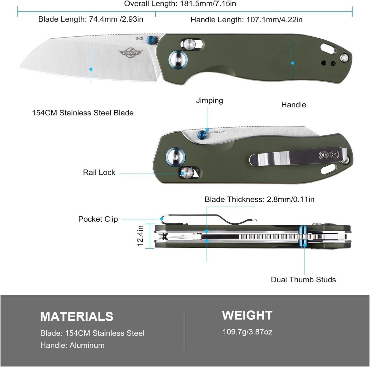 OKNIFE Rubato 2 EDC Knife, Rail Lock Knife 154CM Blade with  Aluminium Handle