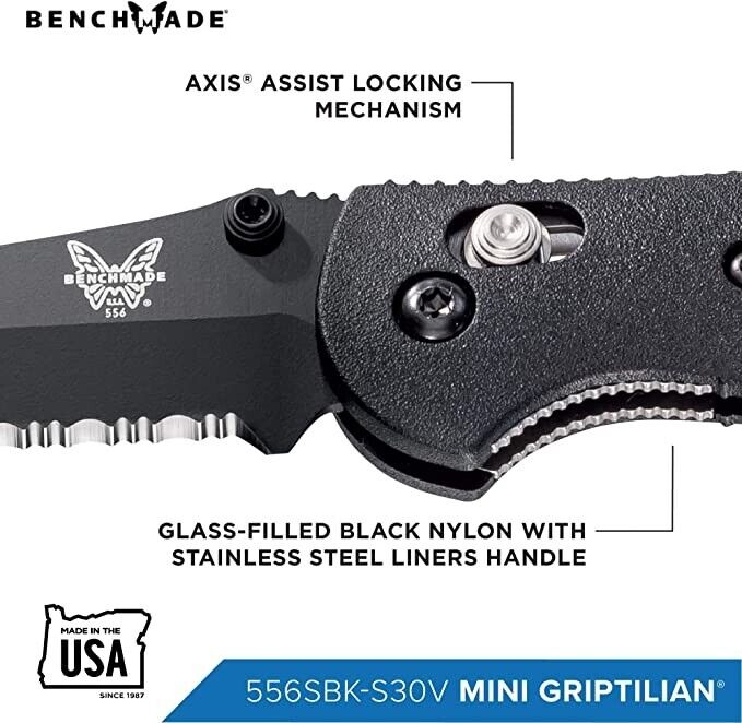 Benchmade Mini Griptilian AXIS Lock Knife 2.91" S30V Steel DPBlade Serrated Edge