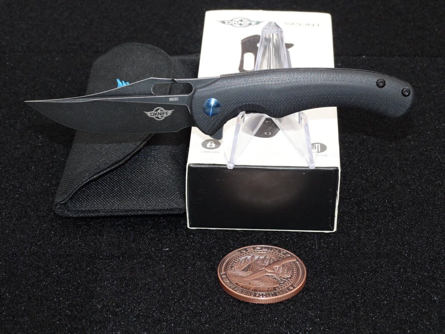 NEW Oknife Splint Black Folding Knife, 2.97" N690 Blade with Challenge Coin!