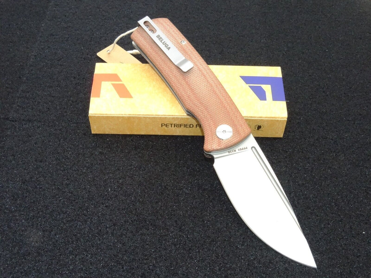 Petrified Fish Beluga PFP01 Folding Knife Brown Micarta Handle K110 Plain