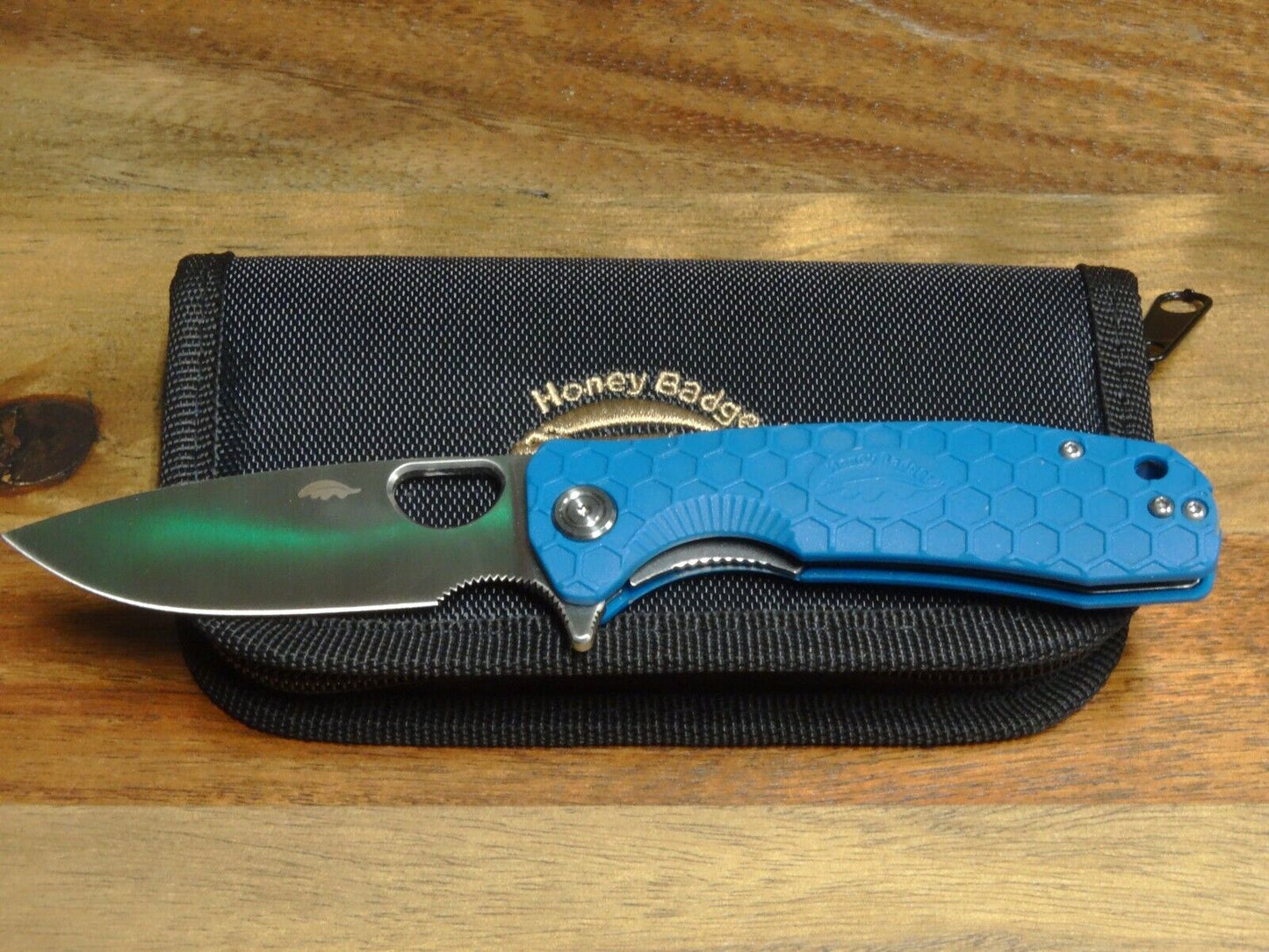 Honey Badger Medium Knife 3.19" Satin D2 Steel Drop Point Blade, Blue FRN Handle