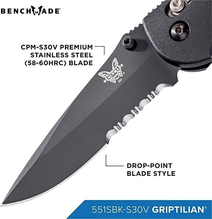 Benchmade - Griptilian 551 Knife with CPM-S30V Steel, Drop-Point Blade Serrated