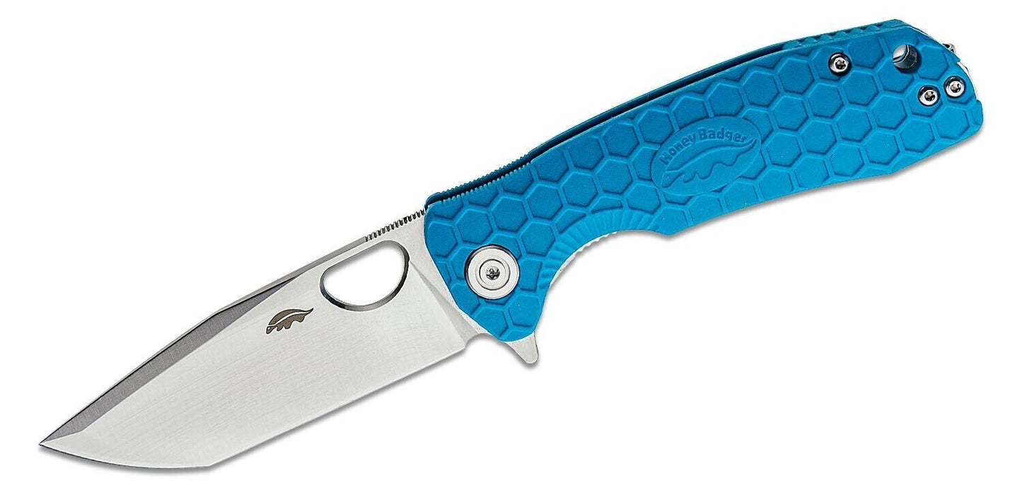 Honey Badger Medium Flipper Knife 3.19" Satin Tanto Blade, Blue FRN Handle