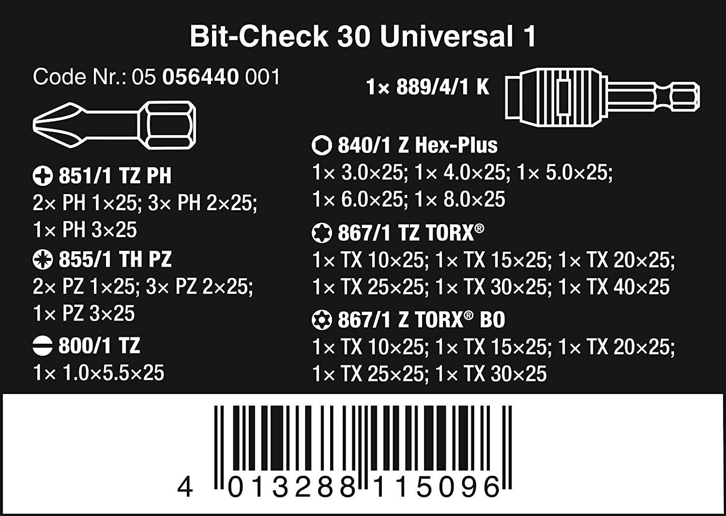 Wera BC Universal Rapidaptor Bit-Check, 30-Piece Set MULTI