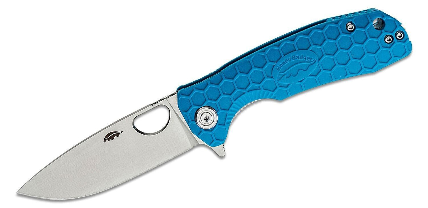 Honey Badger Medium Knife 3.19" Satin D2 Steel Drop Point Blade, Blue FRN Handle