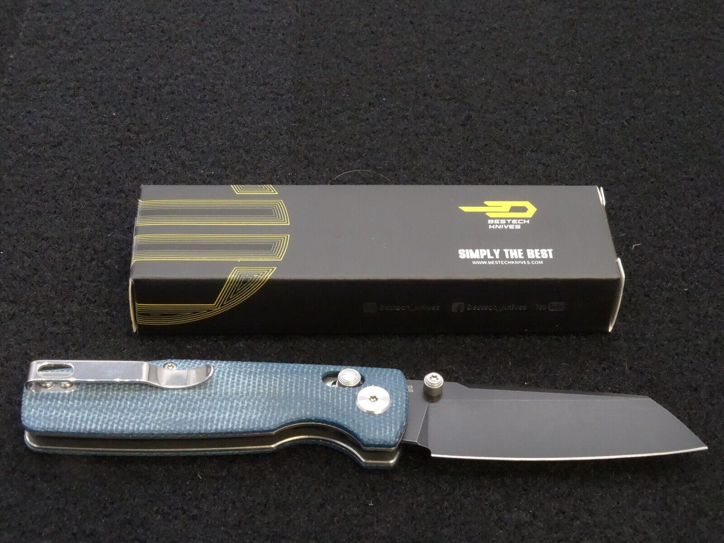 Bestech Knives Slasher Knife Axis Lock Blue Micarta Folding Black D2 Steel 43C2