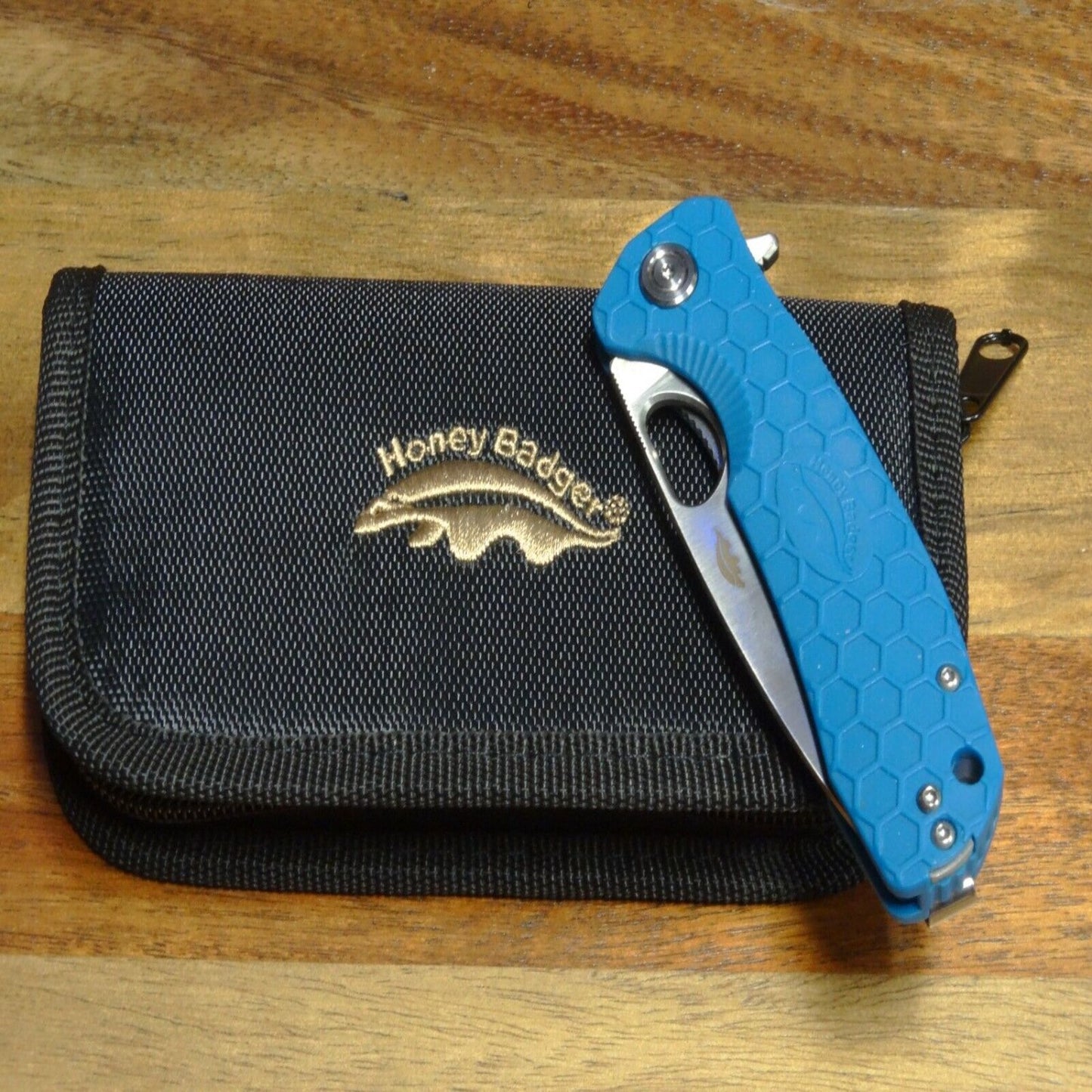 Honey Badger Medium Knife 3.19" Satin D2 Steel Drop Point Blade, Blue FRN Handle