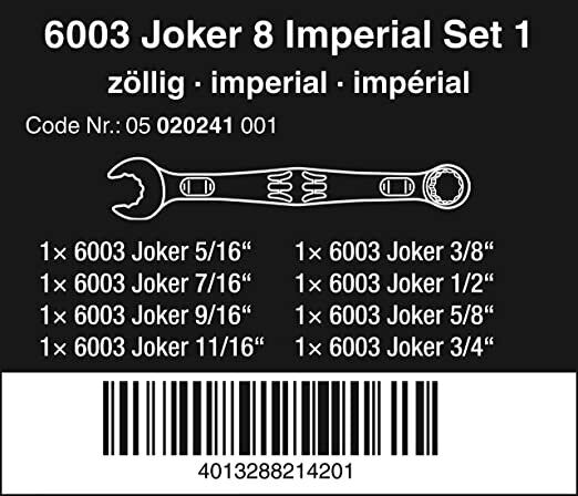 Wera Joker 8 Imperial Set Combination Wrench Set, Imperial or SAE, (8) Wrenches