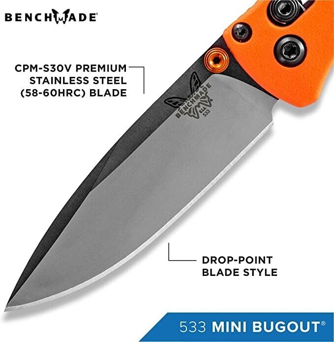 NEW Benchmade 533 EDC Mini Bugout 2.875" Plain Edge CPM-S30V Blade Orange