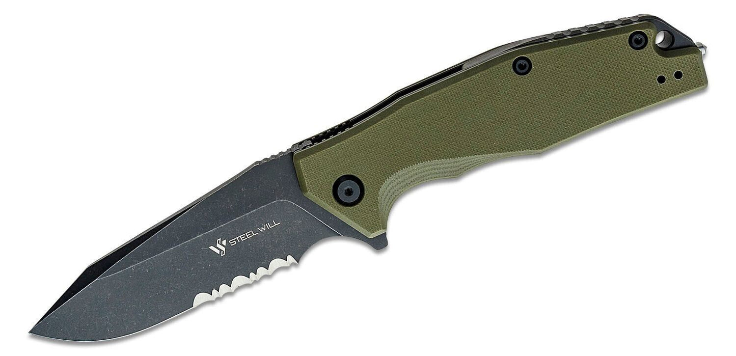 Steel Will Warbot Folding Knife 3.5" Part Serrated D2 Steel Blade Green Handle