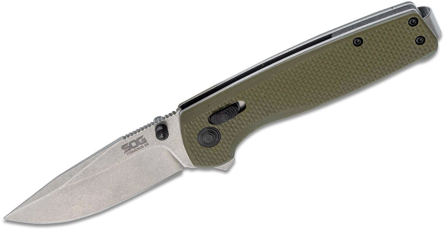 NEW SOG Terminus XR Flipper Knife 2.95" Stonewashed D2 Clip Point Blade OD Green