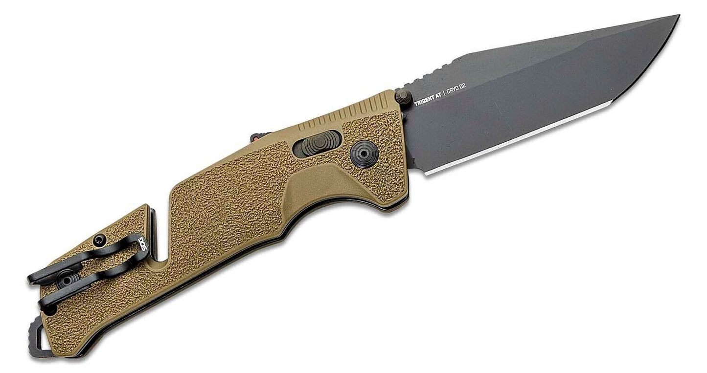 SOG Trident AT Flat Dark Earth Assisted Folding Knife 3.7" D2 Black Tanto Plain