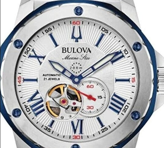 Bulova Marine Star 98A225 45mm Silver White Heartbeat Skeleton Swiss Men's Watch
