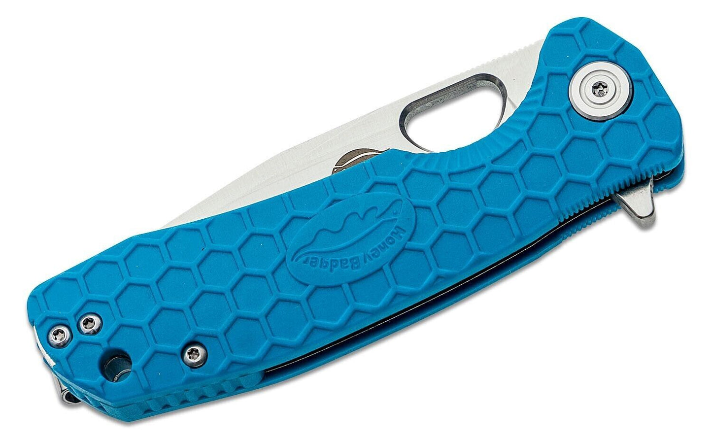 Honey Badger Medium Flipper Knife 3.19" Satin Tanto Blade, Blue FRN Handle