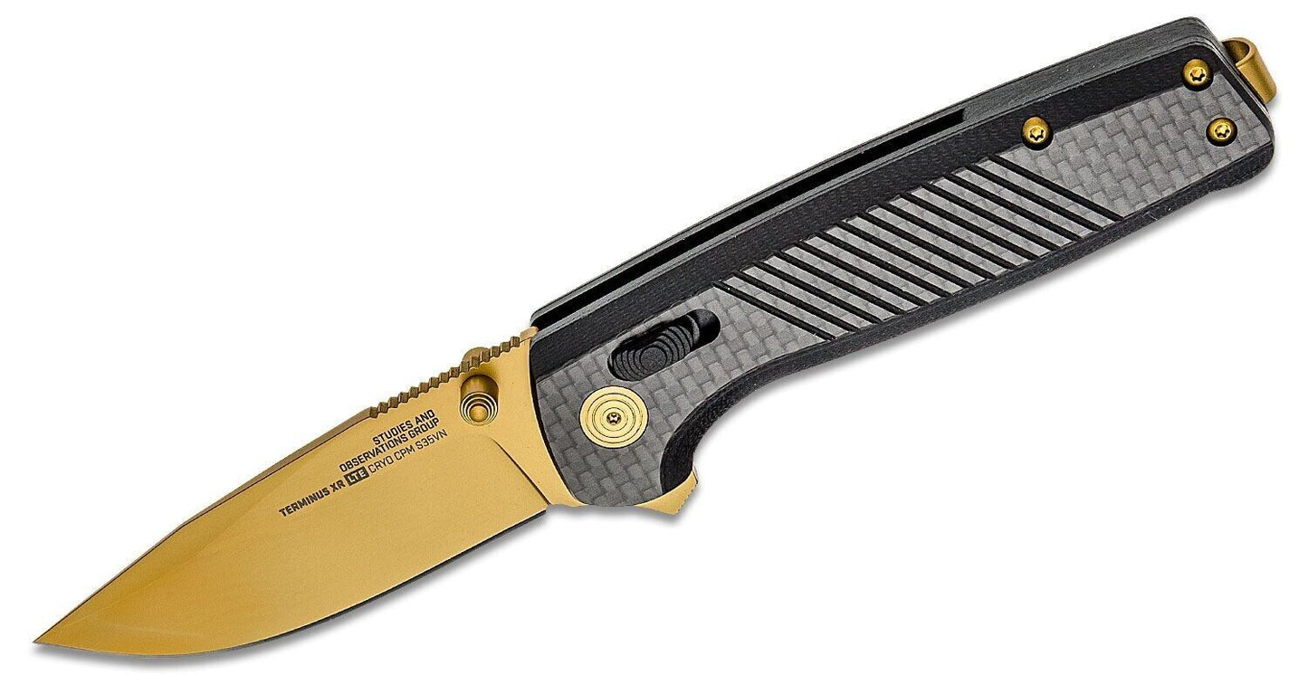 NEW SOG Terminus XR LTE Flipper Knife 2.95" Gold TiNi S35VN Carbon Fiber Handles