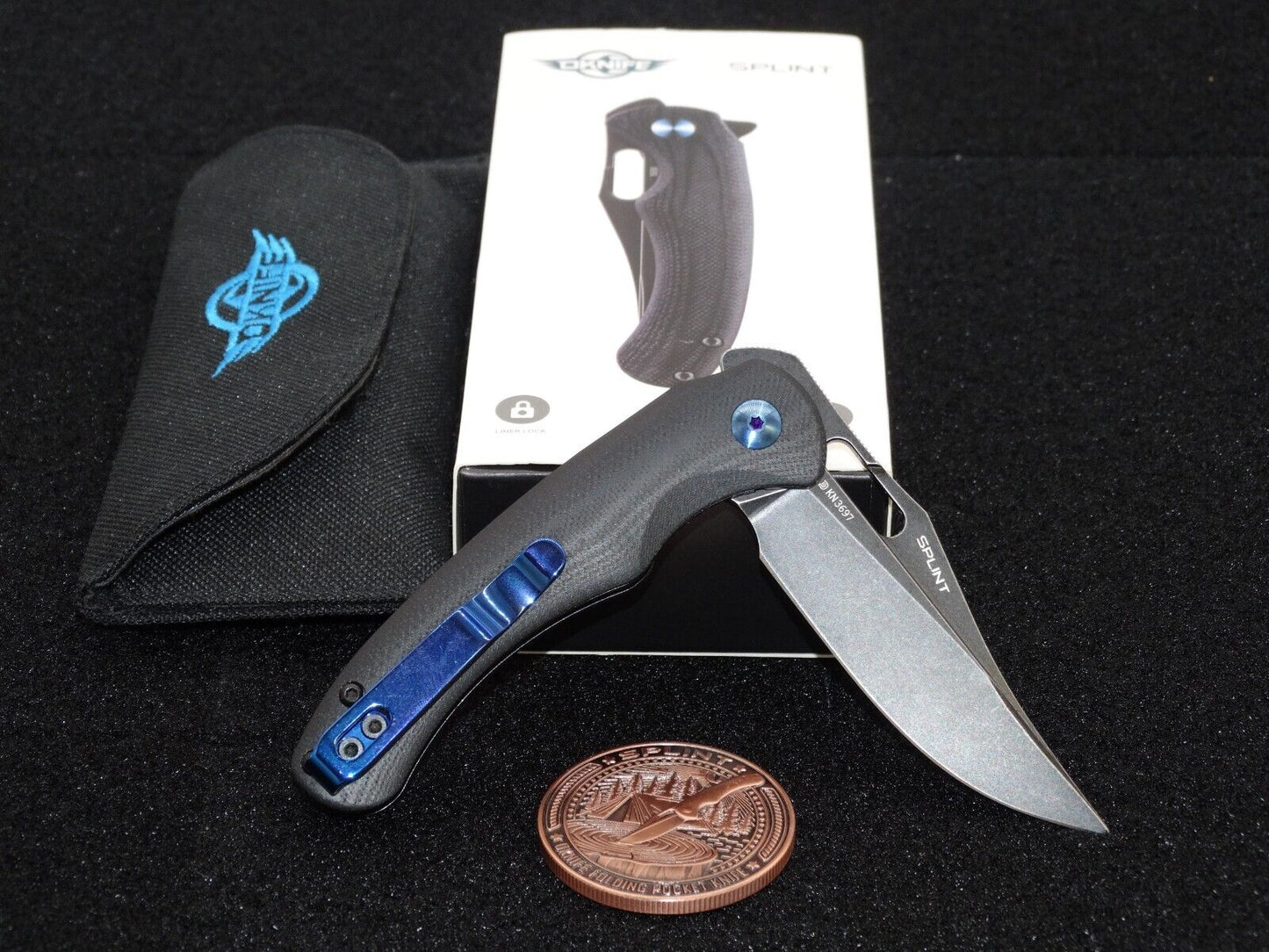 NEW Oknife Splint Black Folding Knife, 2.97" N690 Blade with Challenge Coin!