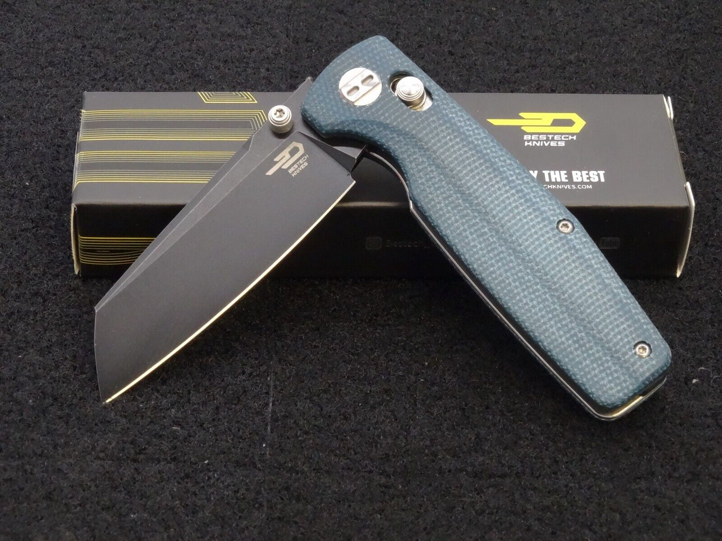 Bestech Knives Slasher Knife Axis Lock Blue Micarta Folding Black D2 Steel 43C2