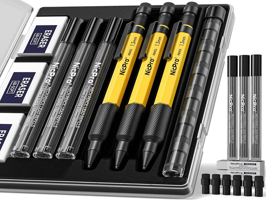 Nicpro 3 PCS 1.3 mm Mechanical Pencils Set with 36 Lead Refill 3 Eraser